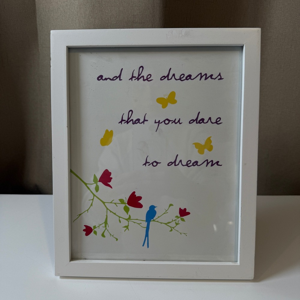 White Framed Inspirational Quote Art Print Butterflies Bird Flowers Wall Decor